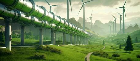 ai generiert ein Wasserstoff Pipeline mit Wind Turbinen und im das Hintergrund. foto