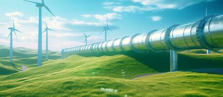 ai generiert ein Wasserstoff Pipeline mit Wind Turbinen und im das Hintergrund. foto