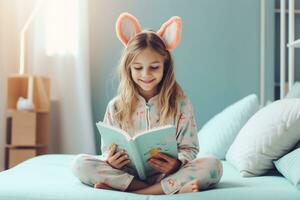 ai generiert wunderlich lesen jung Mädchen umarmt Frühling im Pastell- Pyjama foto