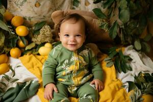 ai generiert organisch schick Babys Natur inspiriert Kleidung im Baumwolle Komfort foto