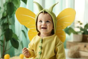 ai generiert der Natur wenig Schmetterling Kleinkind Freuden im bunt Kostüm foto