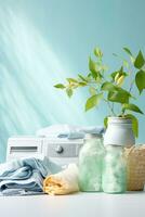 ai generiert Öko-chic Wäsche Umarmen organisch Waschmittel zum ein Frühling sauber foto