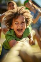 ai generiert Schlepper von Krieg Nervenkitzel Kinder begeistert Beteiligung im draussen Spielzeit Freude foto