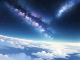 ai generiert umkreisen über Wolke suchen beim das himmlisch sternenklar Himmel und Planet weit darüber hinaus foto