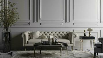 ai generiert Jahrgang Leben Zimmer Innere Design mit Sofa minimal ästhetisch 3d gerendert foto