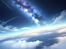 ai generiert umkreisen über Wolke suchen beim das himmlisch sternenklar Himmel und Planet weit darüber hinaus foto