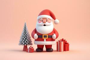 ai generiert 3d gerendert minimal Santa Klausel mit Weihnachten Baum und Geschenke auf Pastell- Hintergrund foto