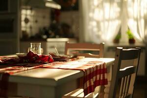 ai generiert Essen Zimmer Innere mit Tischdecke und Stühle, flach Tiefe von Feld foto