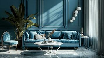 ai generiert Leben Zimmer Innere Design mit Sofa minimal ästhetisch Licht Blau Samt 3d gerendert foto