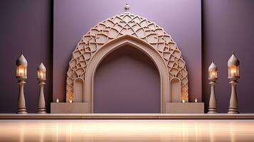 ai generiert Podium Hintergrund im Ramadan Urlaub Minimalismus Stil . orientalisch Arabisch Design mit Schatten von Pastell- Farben. foto