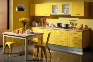 ai generiert sauber minimalistisch Gelb Stil klein Küche Fachmann Werbung Fotografie foto