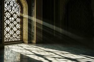 ai generiert islamisch Hintergrund Licht mit Moschee Fenster Ornament Szene foto