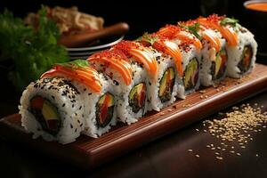 ai generiert Sushi japanisch Essen isoliert im Küche Tabelle Fachmann Werbung Essen Fotografie foto