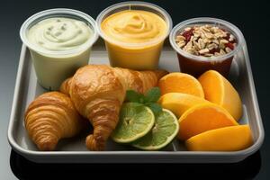 ai generiert Frühstück auf das Bett Tabelle Fachmann Werbung Essen Fotografie foto
