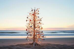 ai generiert Weihnachten Baum gemacht mit Holz Stöcke auf das Strand beim Sonnenuntergang foto