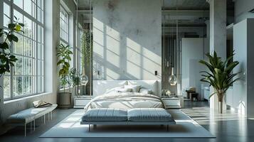 ai generiert Schlafzimmer Innere Design minimal ästhetisch 3d gerendert foto