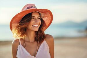 ai generiert Nahansicht Schuss von jung glücklich Frau Sommer- Ferien beim das Strand foto