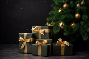 ai generiert schwarz und golden Geschenke Kisten auf schwarz Hintergrund foto