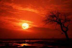 ai generiert Naturen Theater runden Sonne auf rot Sonnenuntergang Himmel mit Baum foto