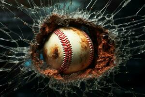 ai generiert Design Inspiration Baseball geht kaputt durch ein gebrochen Fenster, zwingend Visuals foto