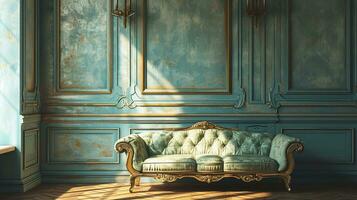 ai generiert Jahrgang Leben Zimmer Innere Design mit Sofa minimal ästhetisch 3d gerendert foto