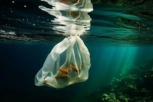 ai generiert Umwelt Krise Plastik Tasche untergetaucht unter das Oberfläche von das Meer foto