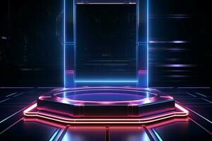 ai generiert futuristisch Vitrine metallisch Podium beleuchtet durch Neon- Beleuchtung zum Technik Beförderung foto