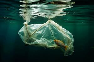 ai generiert Ozean Einschlag Plastik Tasche schädlich gefunden unter das Meer Oberfläche foto