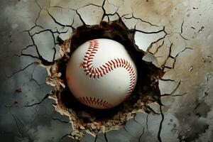 ai generiert dramatisch Baseball Moment Ball reißen durch ein Mauer mit Risse foto