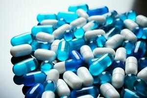 ai generiert Antibiotikum Visuals Blau Weiß Kapseln auf Weiss, Gesundheitswesen und Droge Widerstand foto