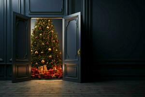 ai generiert Urlaub Wunder öffnen Tür offenbart ein Weihnachten Baum auf Anzeige foto