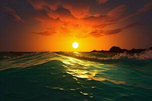 ai generiert Naturen Segeltuch Sonnenuntergang Panorama erfasst das Meere still Schönheit foto