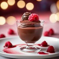 ai generiert Dessert Schokolade Mousse Luft mit Himbeere Coulis. ai generativ foto