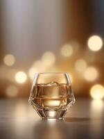ai generiert ein Glas gefüllt mit Flüssigkeit Nächster zu ein golden Ei, Whiskey Glas mit Eis Würfel. ai generativ foto