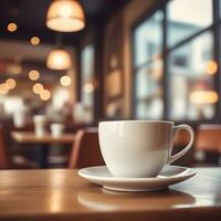 ai generiert Kaffee Tasse auf das Tabelle im ein Kaffee Geschäft. ai generativ foto