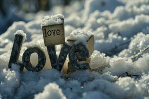 ai generiert Liebe Inschrift auf Schnee und Frost auf eisig Winter Tag foto