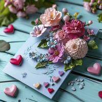 ai generiert glücklich Mütter Tag Gruß Karte mit Blumen und Herzen foto