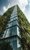 ai generiert realistisch Foto von ein Vertikale Garten Wolkenkratzer, Glas Büro Gebäude Turm, modern Gebäude.