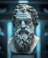 ai generiert Kopf von Philosoph Sokrates auf Anzeige im ein Museum foto