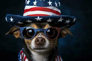 ai generiert ein Hund tragen Sonnenbrille und Hut mit Sterne und USA Flagge. Wahlen, uns Unabhängigkeit Tag. patriotisch Hund. generativ ai foto