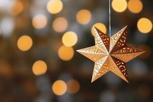 ai generiert selektiv Fokus Schuss von Star Ornament hängend auf Weihnachten Baum foto