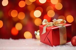 ai generiert rot Geschenk Box mit Weihnachten Ornament auf rot Hintergrund foto
