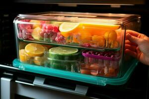 ai generiert kulinarisch Bequemlichkeit extrahieren ein Essen Container von das Kühlschrank zum einfach Zugriff ai generiert foto