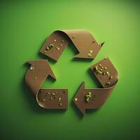 ai generiert Recycling Symbol auf minimalistisch Hintergrund. recyceln, Umfeld, Grün, Natur foto