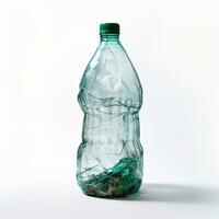 ai generiert leeren benutzt Müll Plastik Flasche auf Weiß Hintergrund. recyceln, Müll, Müll foto