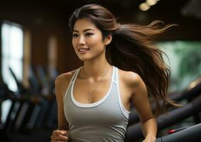 ai generiert jung japanisch Frau im Fitness Center, Ausbildung im das Fitnessstudio foto