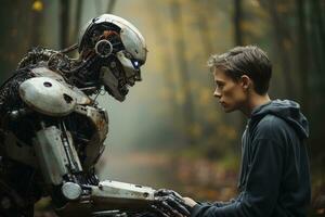 ai generiert jung Mann und ein Humanoid Roboter suchen beim jeder andere foto