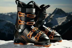ai generiert Seite Aussicht von modern Ski Stiefel auf Berg Hintergrund foto
