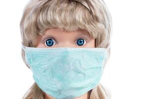 Figur von Mädchen im ein medizinisch Maske isoliert auf Weiß Hintergrund. Gesicht Maske Schutz gegen Verschmutzung, Virus, Grippe und Coronavirus. Gesundheit Pflege und chirurgisch Konzept. foto