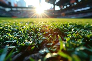 ai generiert üppig Grün Rasen beim Fußball Fußball Sport Stadion Fachmann Fotografie foto